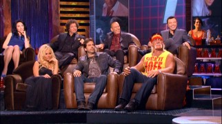 Among those appearing on the dais of The Hoff's roast are, left to right, Whitney Cummings, Pamela Anderson, Jeffrey Ross, Greg Giraldo, Gilbert Gottfried, Hulk Hogan, roastmaster Seth MacFarlane, and, as set dressing, a receptive "lifeguard" in a red bathing suit.