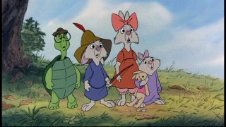 Three rabbits, a doll, and a bespectacled turtle make up the kid contingency of "Robin Hood."