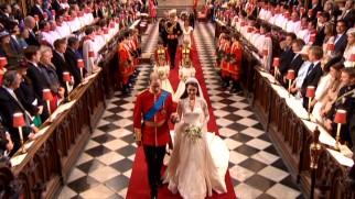 Newlyweds William and Kate lead the wedding party procession out of Westminster Abbey.