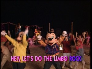 Mickey and Minnie in their hip mid-'90s gear get jiggy to the words of Chubby Checker.