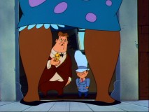 Tweety's kidnappers Rocky and Mugsy are seen through the legs of a disapproving larger woman in the series' first episode.
