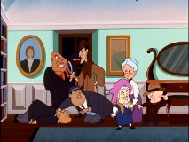 How many caricatures of famous screen detectives (and rabbit hunters) can you find in this still from "A Ticket to Crime"?