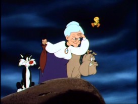 Sylvester, Granny, Tweety, and Hector go searching around Ireland for the missing blarney stone. This picture illustrates what the show's all about and also the DVD's occasionally soft, out-of-focus picture.
