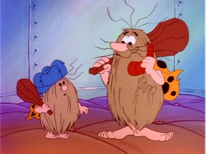 Captain Caveman pulls a red phone out of his hairy body in hopes of rescuing him and Cavey Jr. from two-headed alien kidnapper Riff and Raff in this "Flintstone Kids" show-within-a-show.