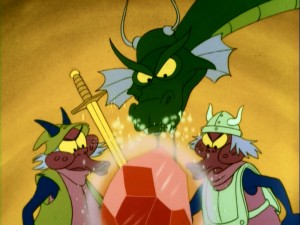 Cinge, the dragon of "Dragon's Lair", and his Giddy Goons peer into life in Ethelred's castle.