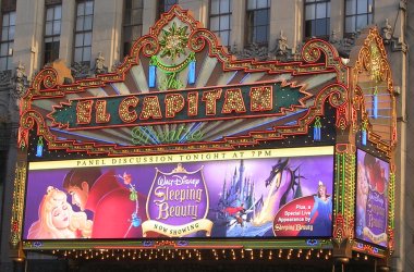 The marquee at The El Capitan Theatre for Disney's Sleeping Beauty screening and panel discussion