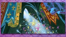 The Three Good Fairies make a sparkly descent amidst regal banners in this Visual Development still.