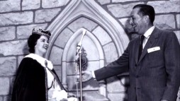 Princess for a Day Shirley Temple helps Walt Disney open up a Sleeping Beauty attraction well before the film's release in this photo from the History of the Castle Walkthrough featurette.