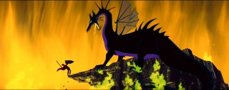Prince Phillip clings to a cliff while fighting the enormous dragon that once was Maleficent.