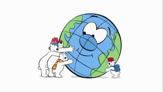Arctic polar bears Jack, Bob, and Lou, plus their friend the ace cub reporter, show their love for planet Earth with big bear hugs.