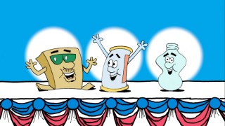 The Trash Can Band -- Box, Can, and Bottle -- teaches viewers how to dispose of household items that may resemble them. Just recycle, ya turkey!