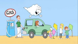 Windy looks down upon this gas-guzzling Dad but smiles at kite-wielding children in "Windy and the Windmills."