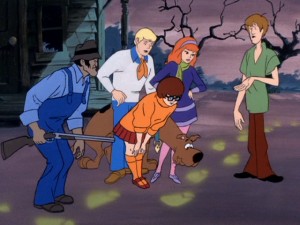 In "Spooky Space Kook", the gang tries to figure out the source and nature of the glowing green footprints on this cranky farmer's land.