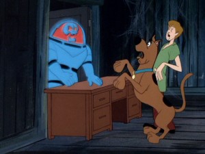 With his blinking helmet and piercing howl, Shaggy and Scooby believe their pursuant is not THE Space Ghost, but a space ghost all the same.