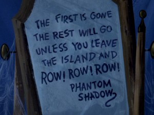 This cryptic mirror note is left by Phantom Shadow, the haunted house haunter of "A Night of Fright is No Delight."