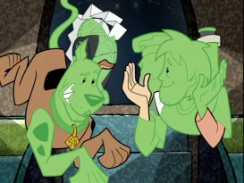 An errant tube of lemon-lime pudding turns space traveling Scooby and Shaggy green, making the minions of phobic Dr. Phibes believe they're aliens in the "Get a Clue!" episode "Lightning Strikes Twice."