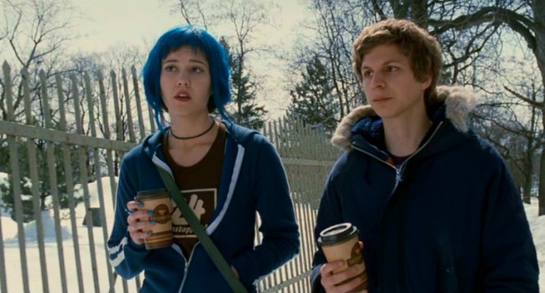 On a snowy coffee walk, Scott Pilgrim (Michael Cera) opens up about his one major ex to Ramona Flowers (Mary Elizabeth Winstead), the blue-haired girlfriend with seven evil ones.
