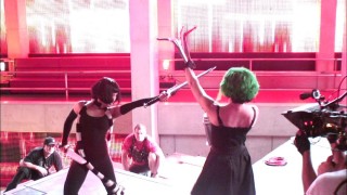 Ellen Wong and Mary Elizabeth Winstead film a fight sequence as crew members stay out of sight in "Making of 'Scott Pilgrim vs. the World.'"