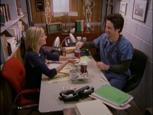 In "Scrubs"' fourth season, Elliot (Sarah Chalke) and J.D. (Zach Braff) share the position of chief resident and the tiny office that comes with it.