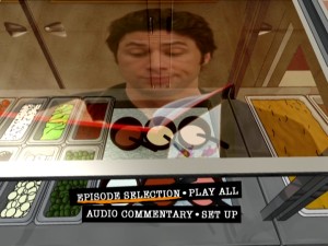 In Disc 1's animated main menu, J.D. writes ponderously in his journal...in a lunch line reflection.