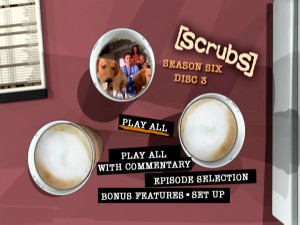 Each disc's animated Main Menu places a montage of Season 6 clips inside a coffee cup at an animated rendering of the series' new Coffee Bucks locale.