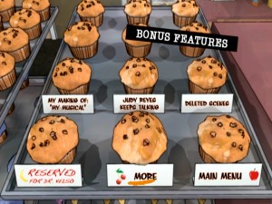 Disc 3's animated Bonus Features menus take us into the muffin shelf. This page is the site of the set's spoileriffic Easter Egg.