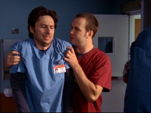 Lightly bearded J.D. gets a taste of the behavior that earned Jimmy the Overly Touchy Orderly (Taran Killam) his nickname.