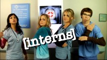 Sunny Day (Sonal Shah), Katie (Betsy Beutler), Denise (Eliza Coupe), and Howie (Todd Bosley) pose in the title logo to the "Scrubs: Interns" web series preserved here.