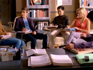 As this unsightly shot of Lucy's study group illustrates, the ninth season of "Scrubs" was clearly composed for 1.78:1 hi-def broadcasts, rendering this cropped fullscreen DVD presentation compromised.