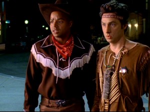 To teach them a lesson, Dr. Cox tricks Turk and J.D. into wearing cowboy and indian costumes to a non-themed party.