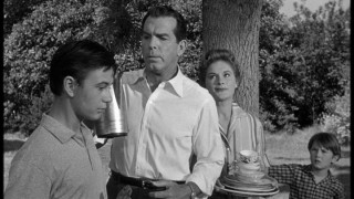 Wilson Daniels (Fred MacMurray) is not pleased with either the antics or smart-alecky coments of his teenaged son Wilby (Tommy Kirk).