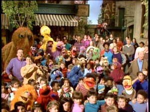 How many Sesame Street characters can you identify in this obligatory group shot from the special's musical finale?