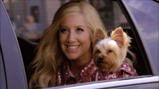 Sharpay Evans (Ashley Tisdale) and her dog Boi head to New York City in matching pink outfits.