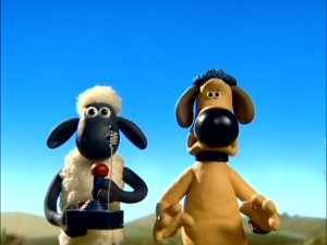 Shaun and Bitzer join forces against the farmer's new robotic dog in "Helping Hound."