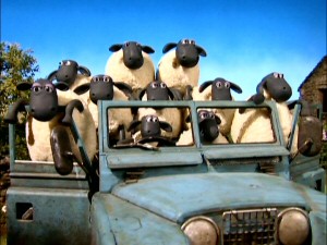 Most "Shaun the Sheep" episodes end with a brief musical moment like this dancing sheep-in-jeep shot.