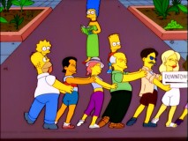 The Simpsons find their way around Rio de Janeiro the Brazilian way, by joining a conga line.