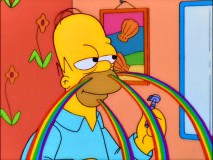 Under the influence of medical marijuana, Homer sees rainbows shooting out from his face during his morning shave.
