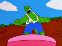 Green paint, ripped clothes, and a release of pent-up anger makes Homer resemble an incredible hulk.