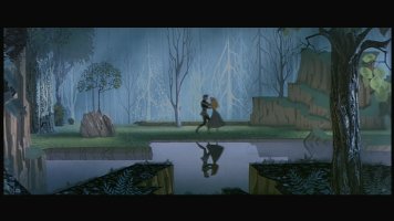 Reflected in the water, Prince Phillip and Princess Aurora dance in the woods to "Once Upon a Dream", neither knowing they're already arranged to wed.
