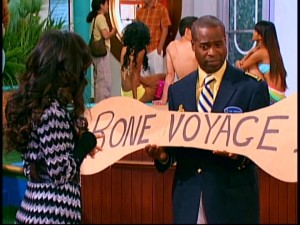 Hotel manager turned ship manager Marion Moseby (Phill Lewis) pretends that a "Bone Voyage" sign is less funny than anything else on the S.S. Tipton.