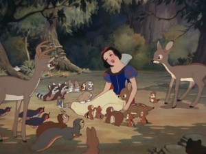 Forest animals are somehow drawn to Snow White's singing, a concept that's easier to believe with Cinderella and Aurora than her.