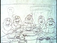 The Dwarfs are excited to learn the way proper gentlemen eat soup in the deleted "Music in Your Soup" sequence.