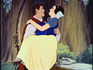 Still from Snow White and the Seven Dwarfs: Platinum Edition DVD - click to view screencap in full size. Snow White is quick to forget the seven men who risked their lives for her once she gazes into her prince's eyes.