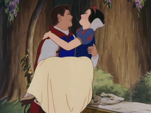 Still from Snow White and the Seven Dwarfs: Diamond Edition Blu-ray's Bonus DVD - click to view screencap in full size. Snow White is quick to forget the seven men who risked their lives for her once she gazes into her prince's eyes.