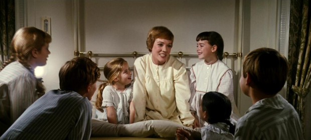 Maria (Julie Andrews) and six von Trapp children try to distract themselves from the storm by naming their favorite things. Thunder's not one of them.