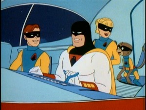 As they often do, Space Ghost, Jan, Jace, and Blip share a little laugh in the Phantom Cruiser.