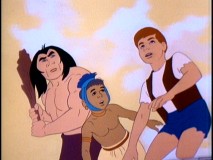 Ugh, Dino Boy, and their new pal Goom-wah (center) face Danger River with a club, a raft, and good spirits.