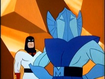 Metallus gives Space Ghost a formal introduction to his formidable army of metal men.