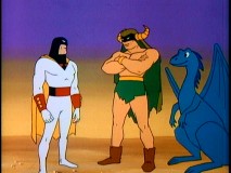 Mightor and pet dinosaur Tog (from fellow late-'60s Hannah-Barbera series "Moby Dick and Mighty Mightor", help Space Ghost in the "Clutches of Creature King" installment.
