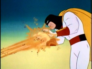 Space Ghost deflects some would-be imposing rays, presumably with one of his many force powers.